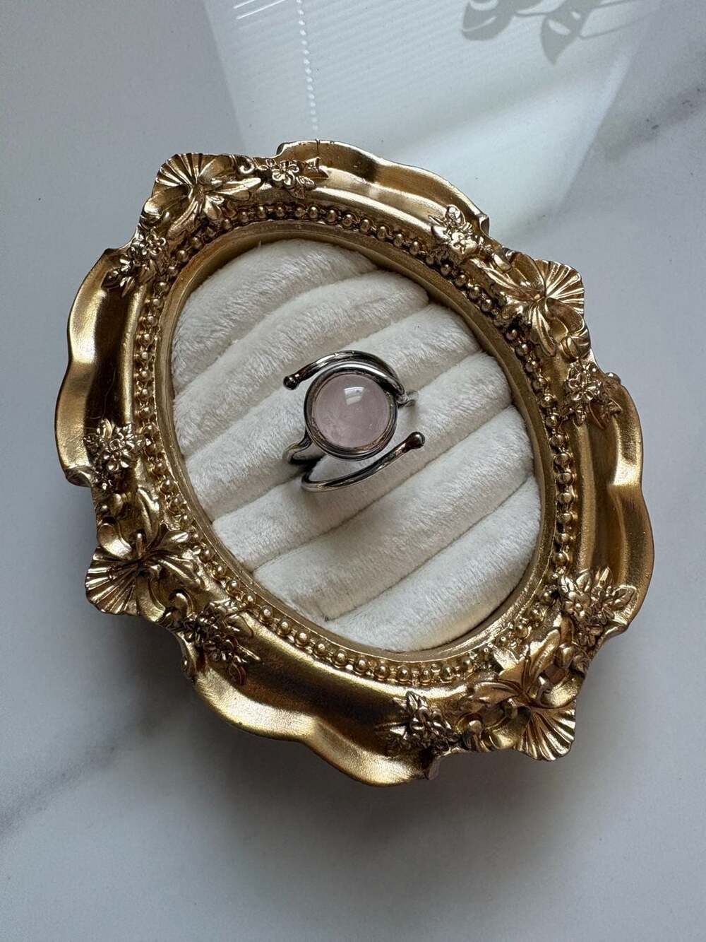 Vintage Artisan Silver-Tone Wrap Ring with Round Rose Quartz Cabochon Size 9.5